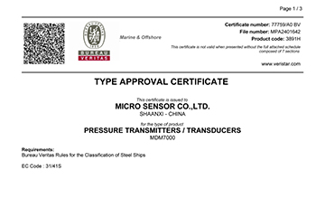 麥克傳感MDM7000智能壓力變送器取得法國(guó)船級(jí)社（BV）認(rèn)證